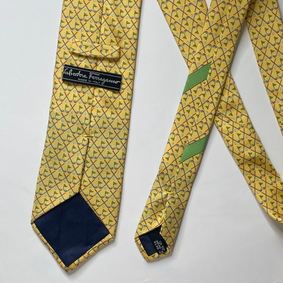 SALVATORE FERRAGAMO Yellow Golf Print Silk Tie Necktie Sporty Office Business - Picture 5 of 9